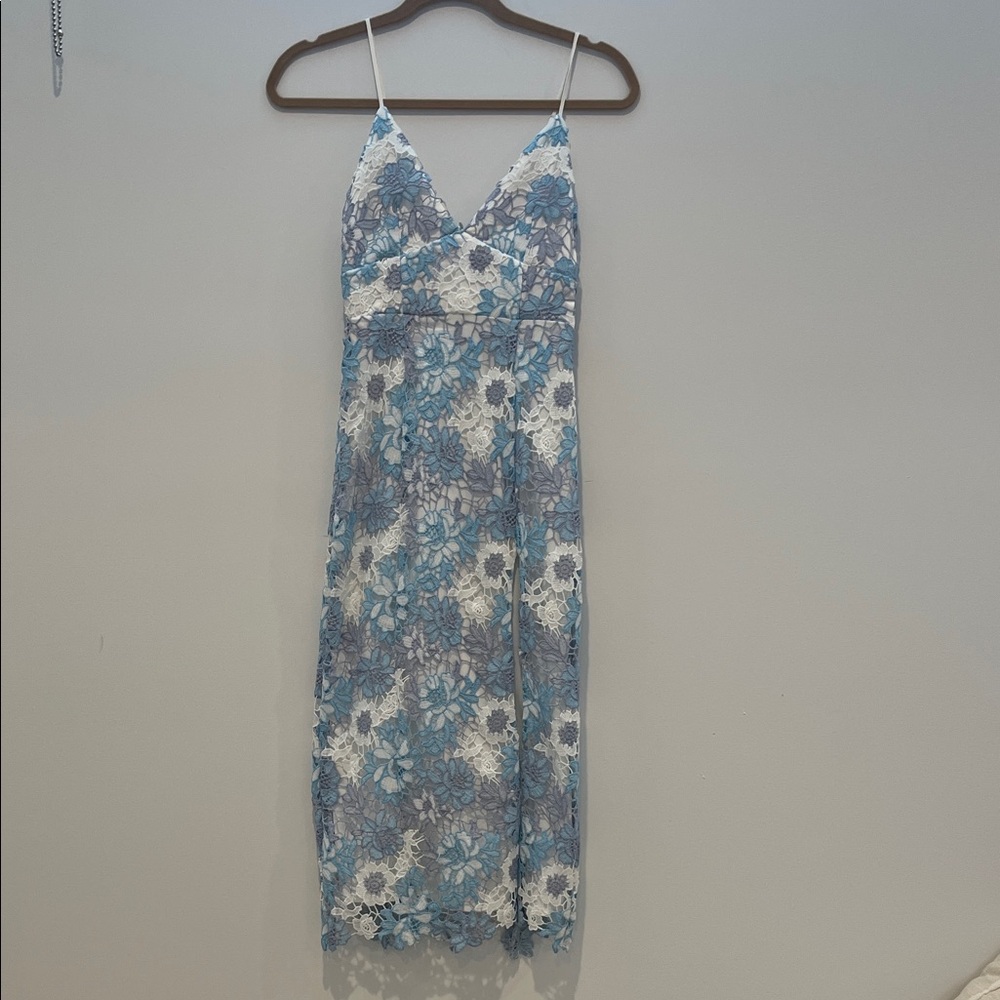 Lovers + Friends Sky Blue and White Lace Midi Dress